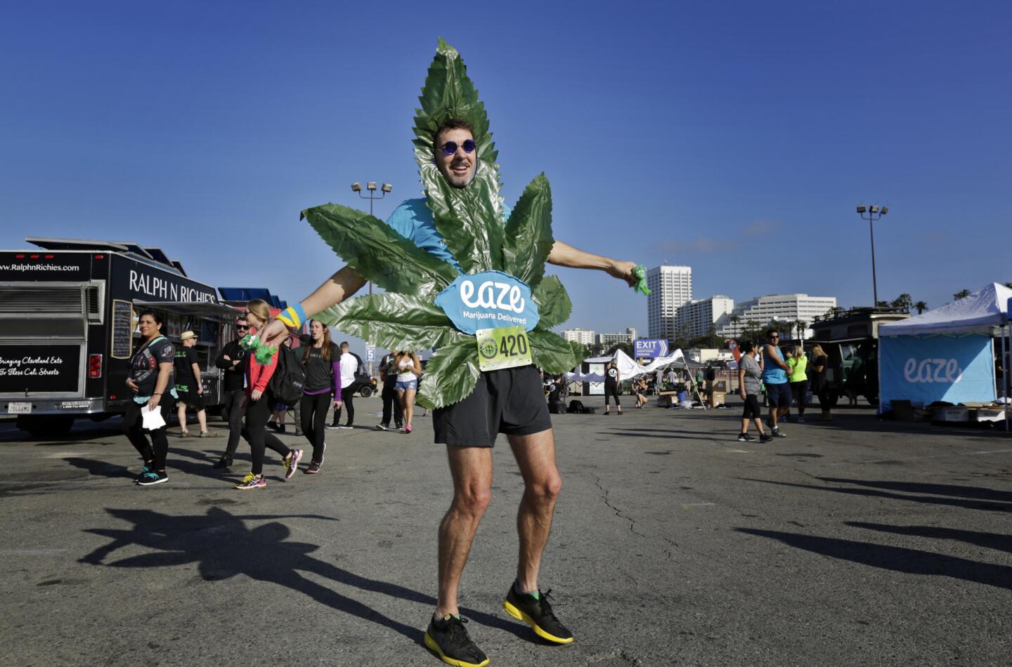 Scott Dunlap comes in costume to the 420 Games, held for the first time at the Santa Monica Pier. Ghe fun run started half an hour late.