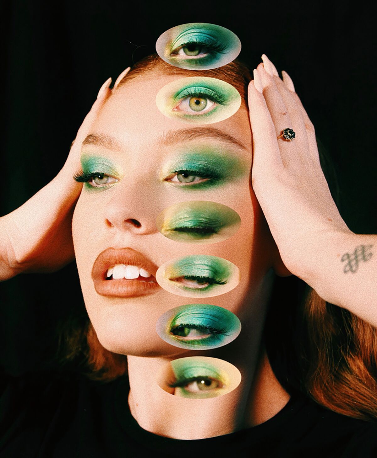 A psychedelic photo of a woman's head and six free-floating eyes with green eyeshadow.