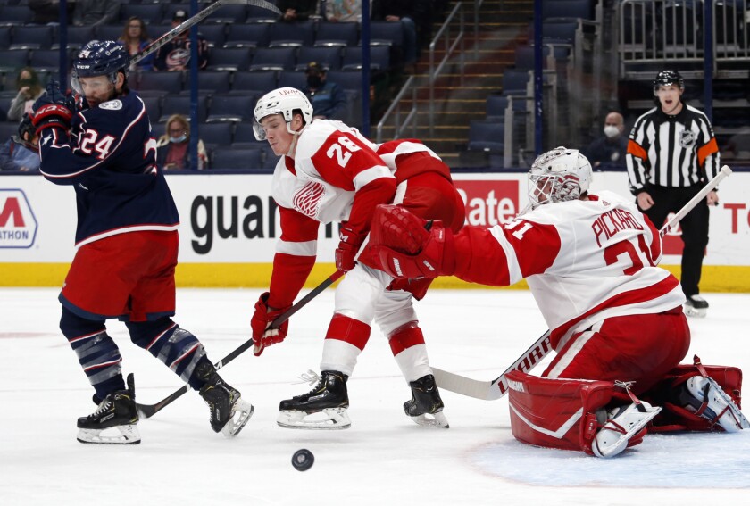 Detroit Red Wings goalie Calvin Pickard, right, makes a stop behind Columbus Blue Jackets forward Nathan Gerbe, left, and Red Wings defenseman Gustav Lindstrom during the second period of an NHL hockey game in Columbus, Ohio, Saturday, May 8, 2021. (AP Photo/Paul Vernon)