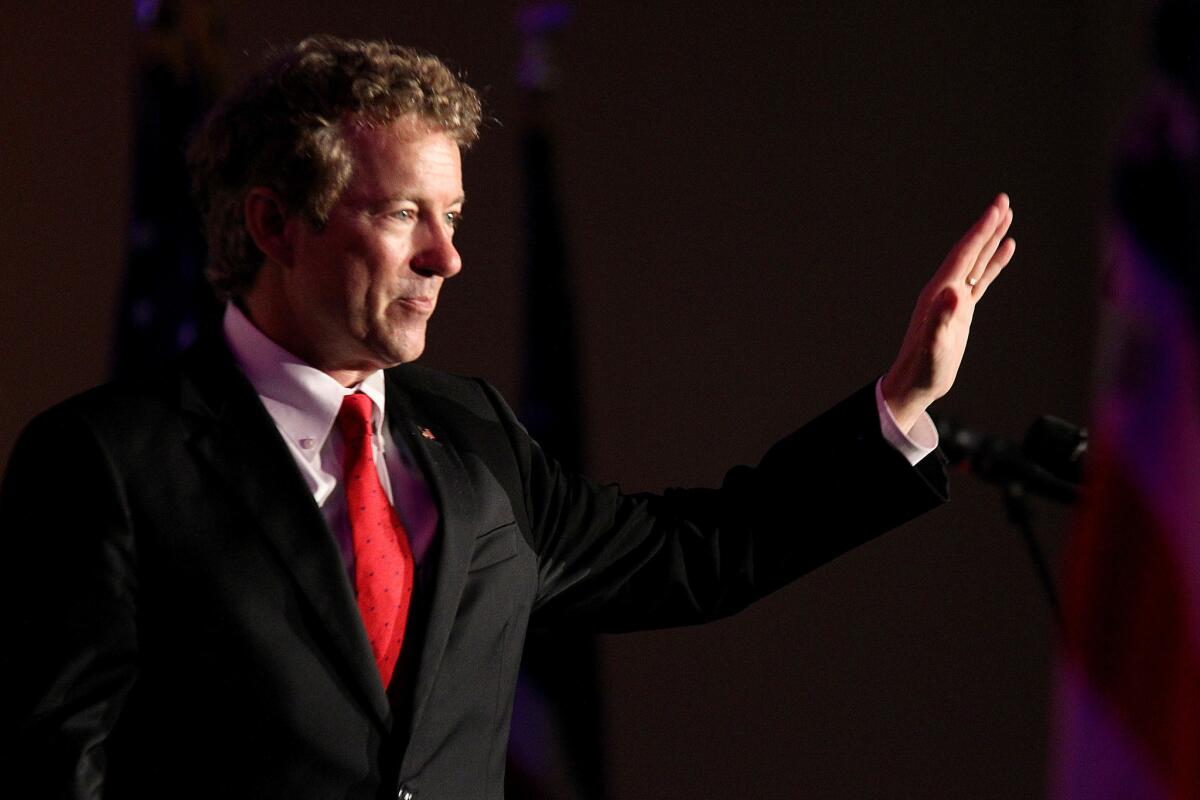 Presidential candidate Sen. Rand Paul of Kentucky delivers the keynote speech at the Republican Party of Orange County's Flag Day dinner at the Hotel Irvine.