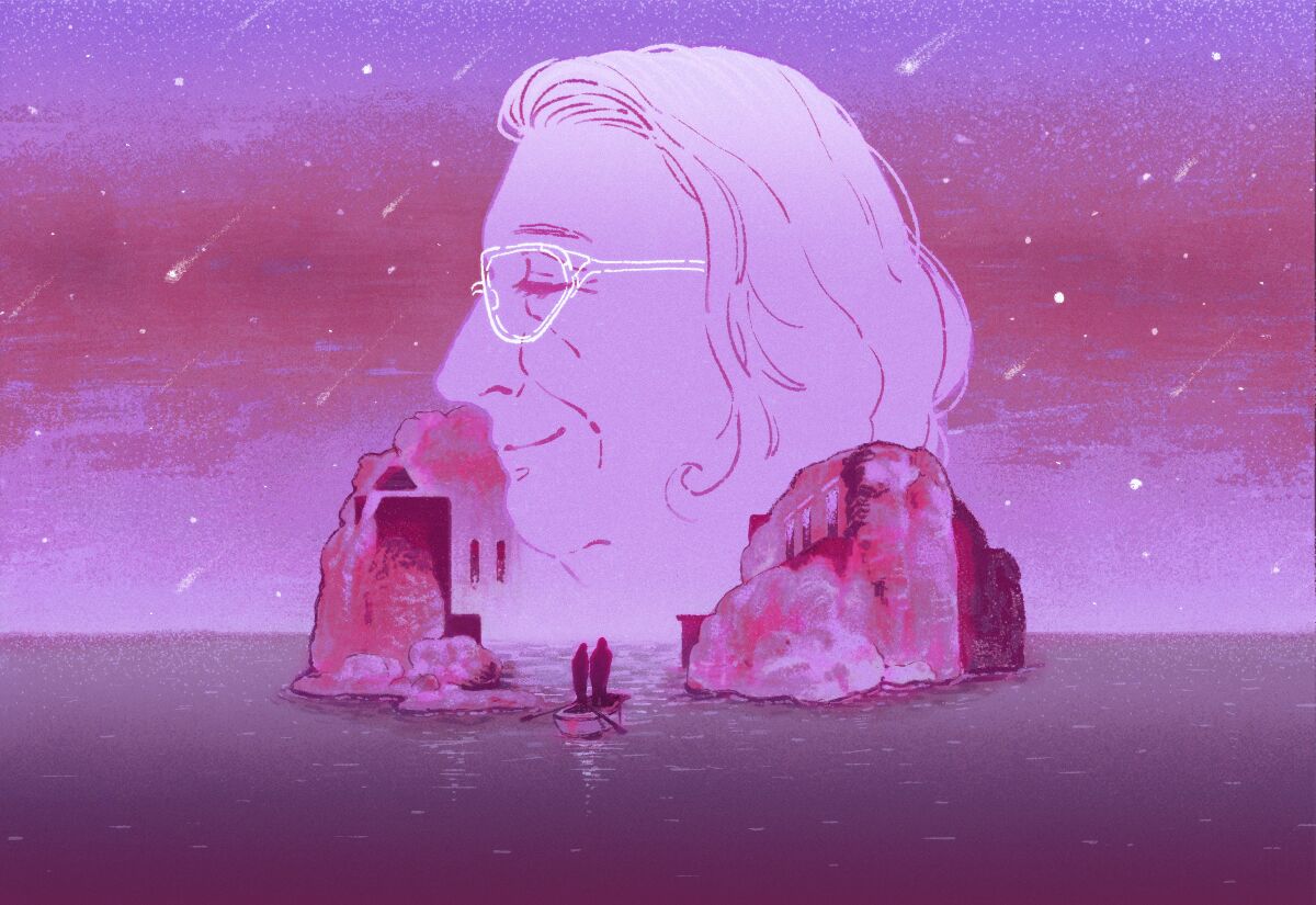Illustration of a young couple, with the image of her late grandmother looking down over them.