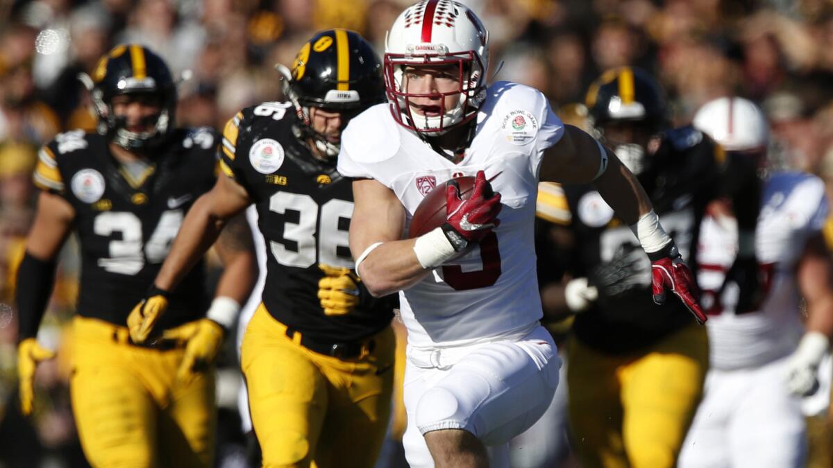 Stanford running back Christian McCaffrey outruns the Iowa defense on the first play from scrimmage for a 75-yard touchdown on a pass play during the Rose Bowl on Jan. 1.