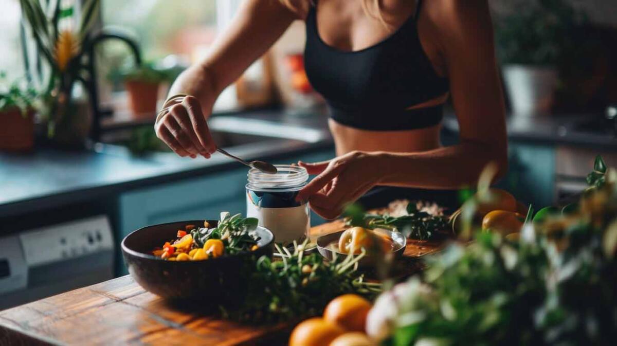 Healthy Meal Prep with fruits, vegetables, Greens. Woman makes meal in kitchen with greens, avocado, health supplements.
