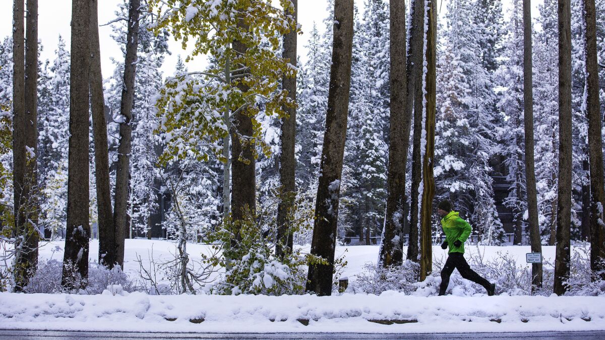A man runs on a trail after a Sierra Nevada storm dropped nearly a foot of snow at Mammoth Mountain in November.