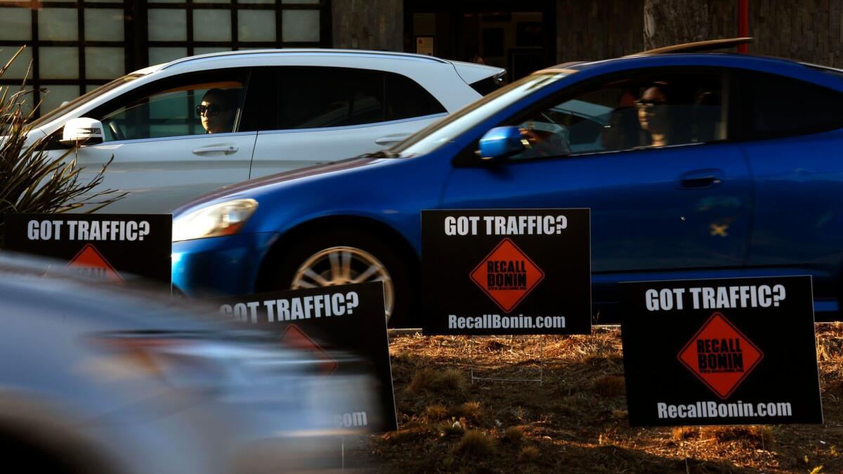 Motorists sit in traffic on Venice Boulevard in September, when outrage over traffic safety measures led to a bid to recall Los Angeles Councilman Mike Bonin, who represents the Westside.