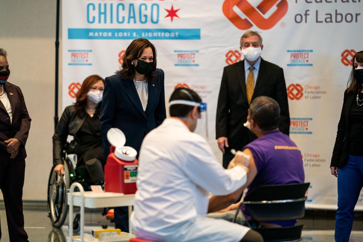 Vice President Kamala Harris tours a Chicago COVID-19 vaccination site in April.