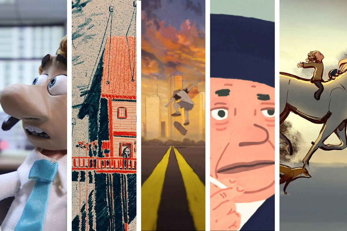Partial images from the five nominees for the animated short film Oscar.