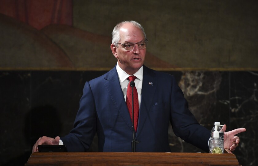 FILE - Gov. John Bel Edwards speaks during a news conference at the Louisiana State Capitol in Baton Rouge, La., on Thursday, June 17, 2021. Text messages obtained by The Associated Press show Louisiana's governor was informed within hours of the deadly 2019 arrest of Ronald Greene.(Hilary Scheinuk/The Advocate via AP)