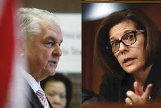 PHOTO ON THE RIGHT: Senate Banking, Housing, and Urban Affairs Committee member, Sen. Catherine Cortez Masto, D-Nev., questions Jerome Powell, President Donald Trump's nominee for chairman of the Federal Reserve, during a Senate Banking, Housing, and Urban Affairs Committee hearing on Capitol Hill in Washington, Tuesday, Nov. 28, 2017. (AP Photo/Carolyn Kaster) PHOTO ON THE LEFT: Nevada Governor Steve Sisolak speaks during a news conference on the state's preparations for the coronavirus Friday, Feb. 28, 2020, in Las Vegas. (AP Photo/John Locher)