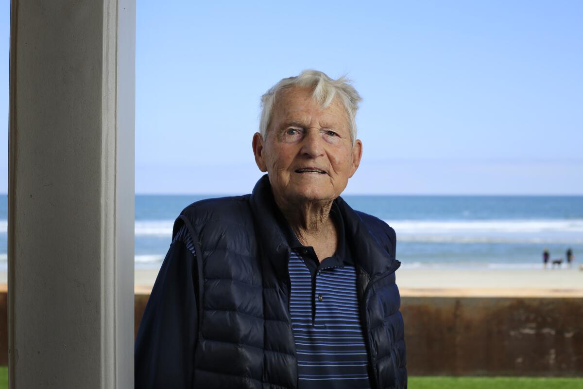 Kim Fletcher, 90, in 2018, a year before his death, at his coastal home in Del Mar which is now involved in a legal dispute.