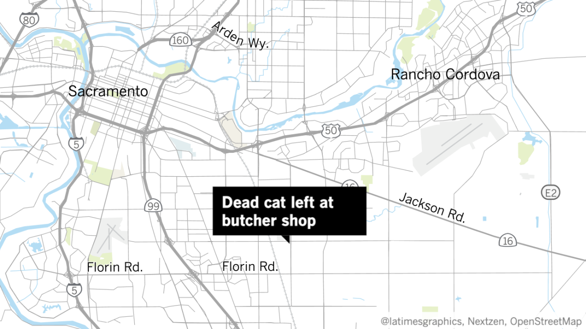 Map of Sacramento with a label that reads dead cat left at butcher shop