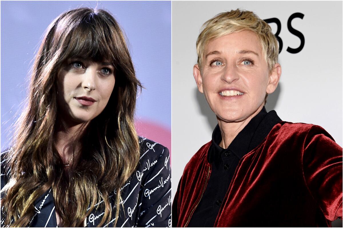 Headshots of Dakota Johnson and Ellen DeGeneres