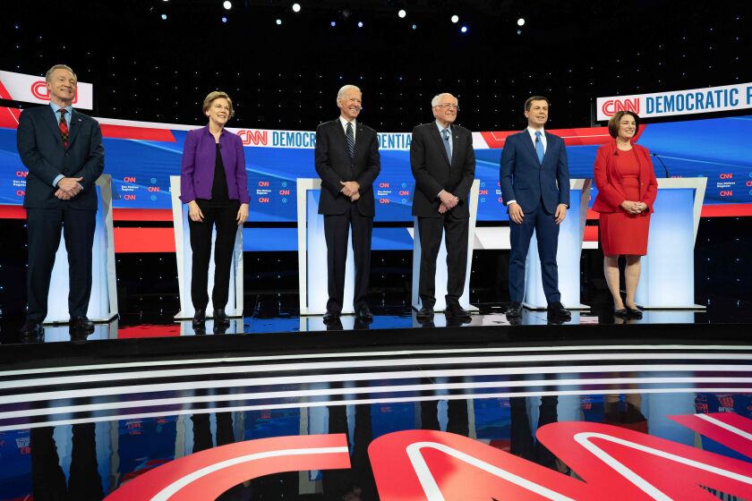 (L-R) Democratic presidential hopefuls billionaire-philanthropist Tom Steyer, Massachusetts Senator Elizabeth Warren, Former Vice President Joe Biden, Vermont Senator Bernie Sanders, Mayor of South Bend, Indiana, Pete Buttigieg and Minnesota Senator Amy Klobuchar stand on stage ahead of the seventh Democratic primary debate of the 2020 presidential campaign season co-hosted by CNN and the Des Moines Register at the Drake University campus in Des Moines, Iowa on January 14, 2020. (Photo by kerem yucel / AFP) (Photo by KEREM YUCEL/AFP via Getty Images) ** OUTS - ELSENT, FPG, CM - OUTS * NM, PH, VA if sourced by CT, LA or MoD **