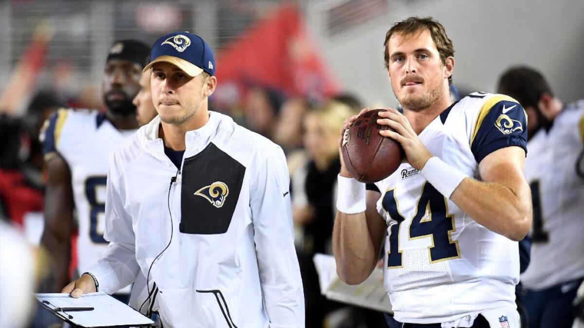 Rams quarterback Jared Goff, left, is expected to start Saturday against the San Francisco 49ers, with Sean Mannion serving as his backup.