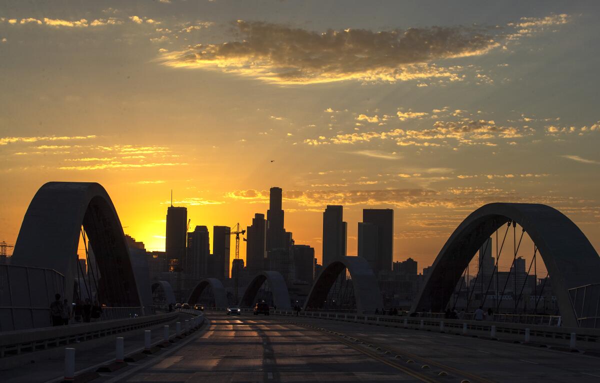 The sun sets behind downtown Los Angeles and the 6th Street Bridge in 2022. 