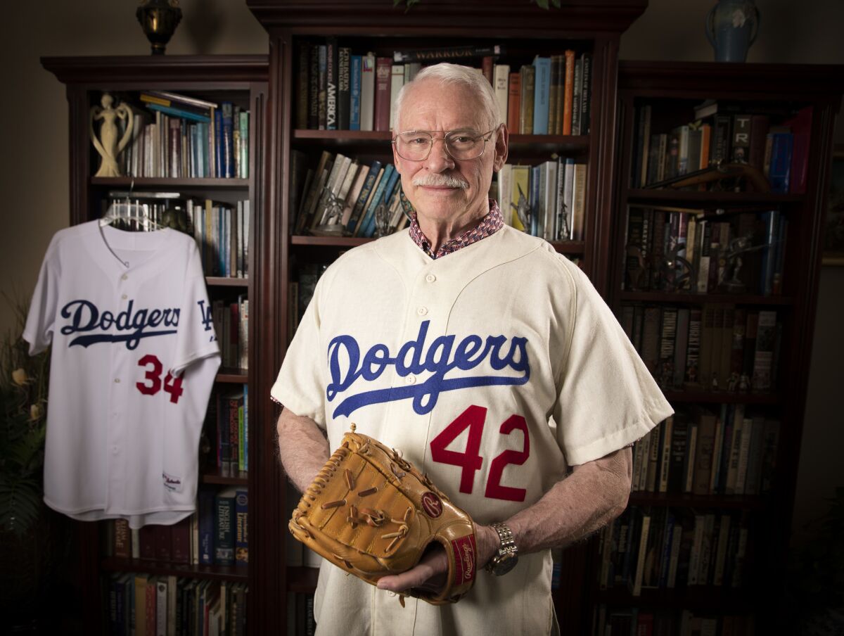 Former Dodgers pitcher Ray Lamb dons the No. 42 jersey accidentally issued to him in August 1969.