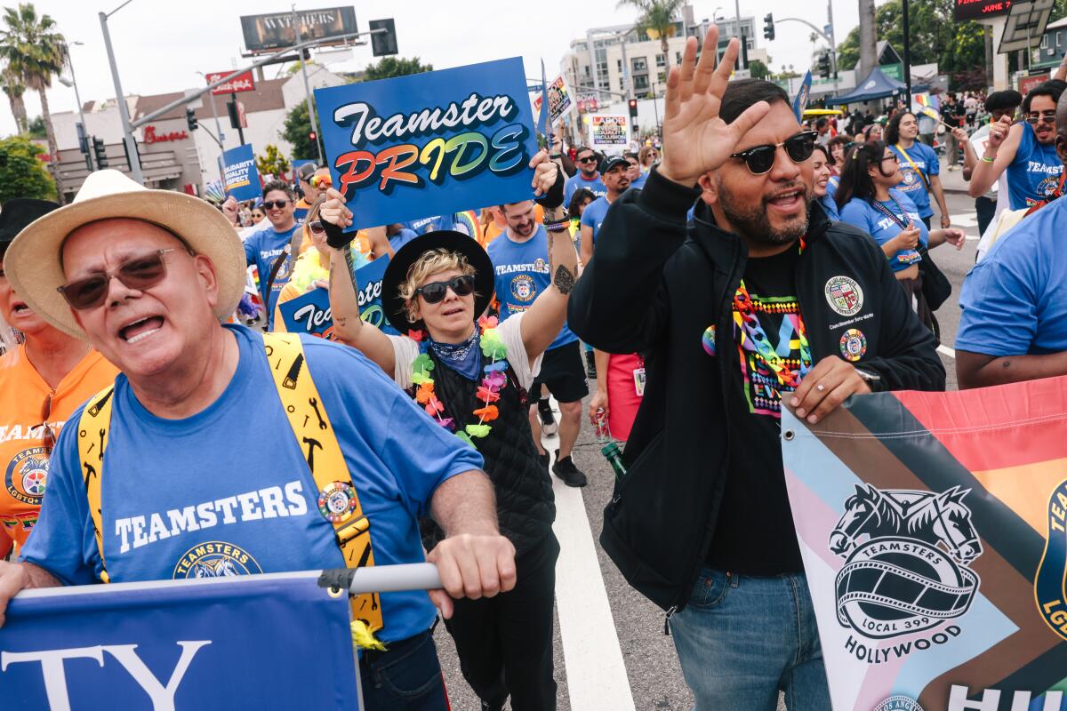 Members of Teamsters Local 399 with their float during the Los Angeles Pride Parade.