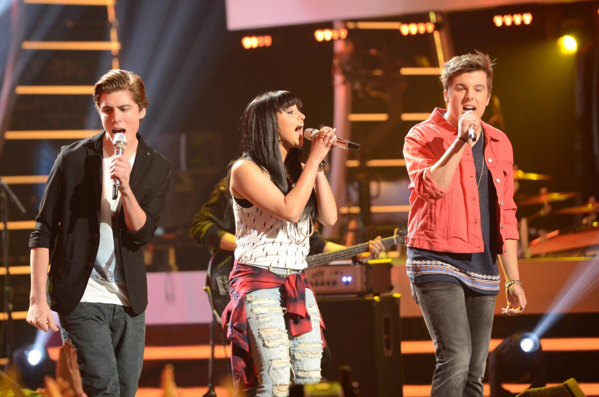 Fox suffered a disappointing season because of lower ratings for its shows, including "American Idol." In April the show featured aspiring singers Sam Woolf, left, Jena Irene and Alex Preston.