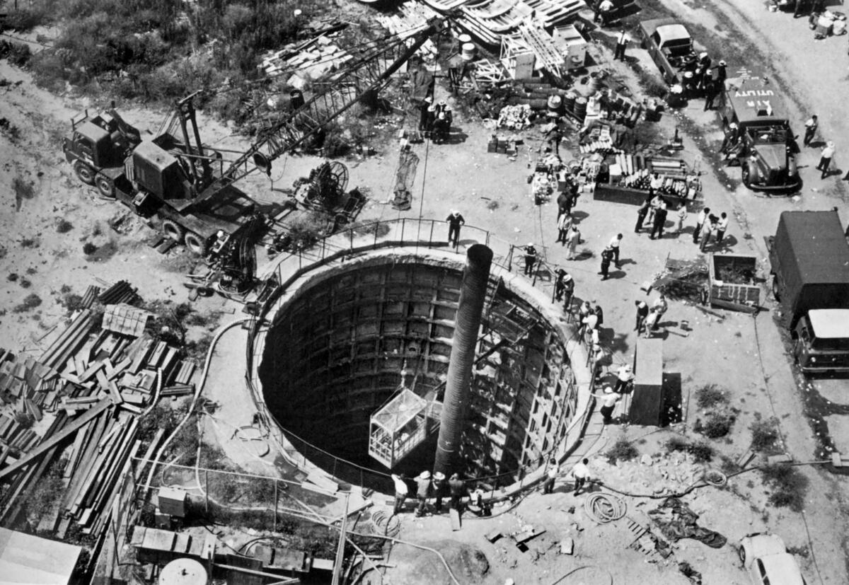 June 24, 1971: Aerial view of Gate Shaft leading to tunnel. Metropolitan Water District tunnel in Sylmar where 17 workers were killed by an explosion during tunnel construction.