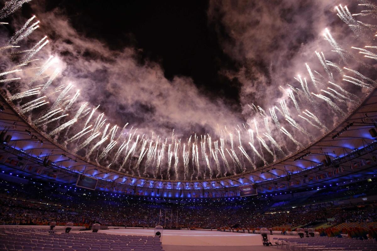 Fireworks explode during the closing ceremony of the Rio 2016 Olympic Games at the Maracana stadium in Rio de Janeiro on August 21, 2016. / AFP PHOTO / Odd ANDERSENODD ANDERSEN/AFP/Getty Images ** OUTS - ELSENT, FPG, CM - OUTS * NM, PH, VA if sourced by CT, LA or MoD **