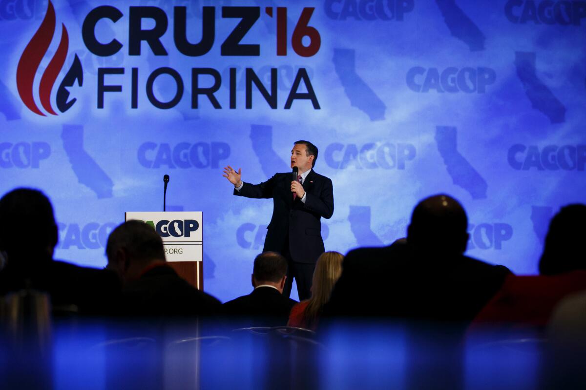 Republican presidential candidate Ted Cruz addresses the California Republican Party 2016 Convention in Burlingame, Calif., on Saturday.