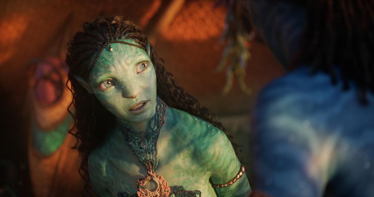 Close-up of a blue woman in the new Avatar film. 