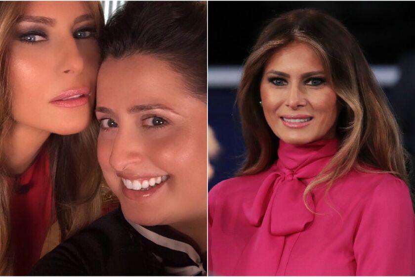 Makeup artist Nicole Bryl, right, has worked with Melania Trump since an editorial shoot for People in 2006. Right: The future first lady wears a pussy-bow blouse by Gucci during 2016's presidential campaign.