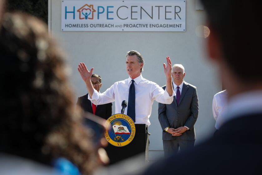 Fullerton, CA - October 27: Gov. Gavin Newsom at the speaks at the inauguration of a new unified command center in Orange County for health care workers, CBOs, and local law enforcement to address homelessness collaboratively at HOPE Center on Thursday, Oct. 27, 2022 in Fullerton, CA. (Irfan Khan / Los Angeles Times)