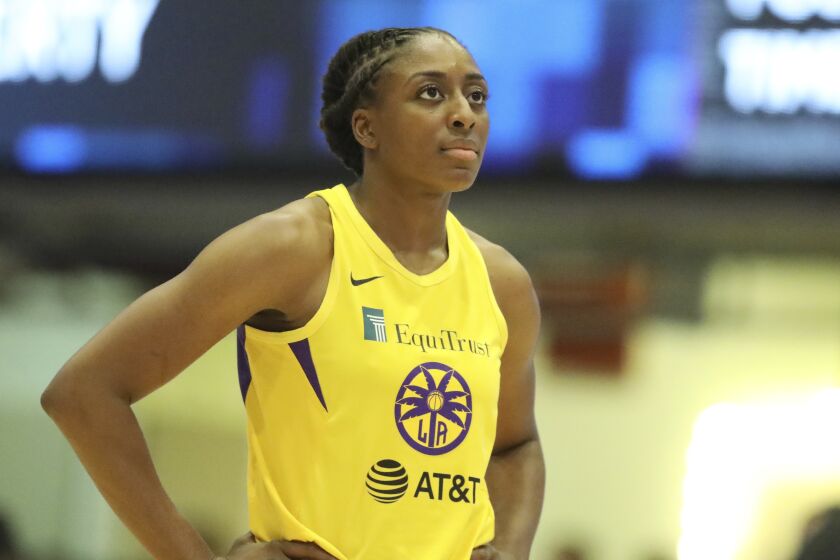 Los Angeles Sparks Nneka Ogwumike #30 is seen against the New York Liberty during a WNBA basketball game, Saturday, July 20, 2019, in White Plains, N.Y. The Liberty won the game 83-78. (AP Photo/Gregory Payan)