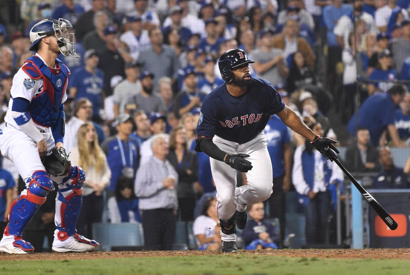 Red Sox Jackie Bradley Jr. hits a solo home run to tie the game against the Dodgers in the 8th inning.