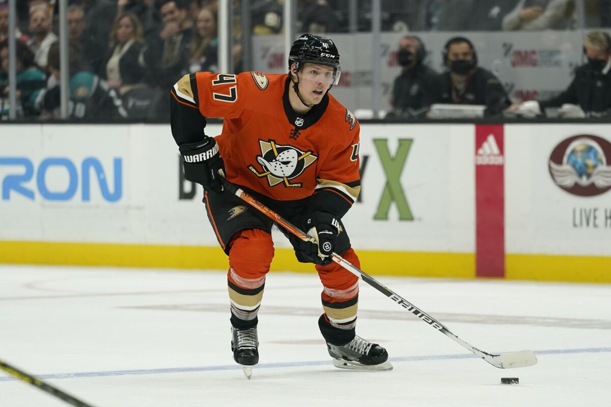 Ducks defenseman Hampus Lindholm controls the puck against the Vegas Golden Knights on March 4.