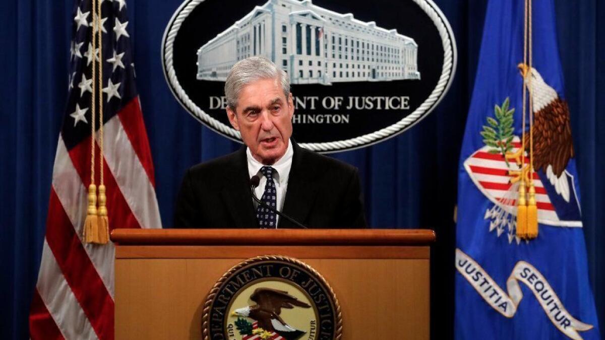 Special counsel Robert S. Muller III speaks at the Department of Justice in Washington on May 29.