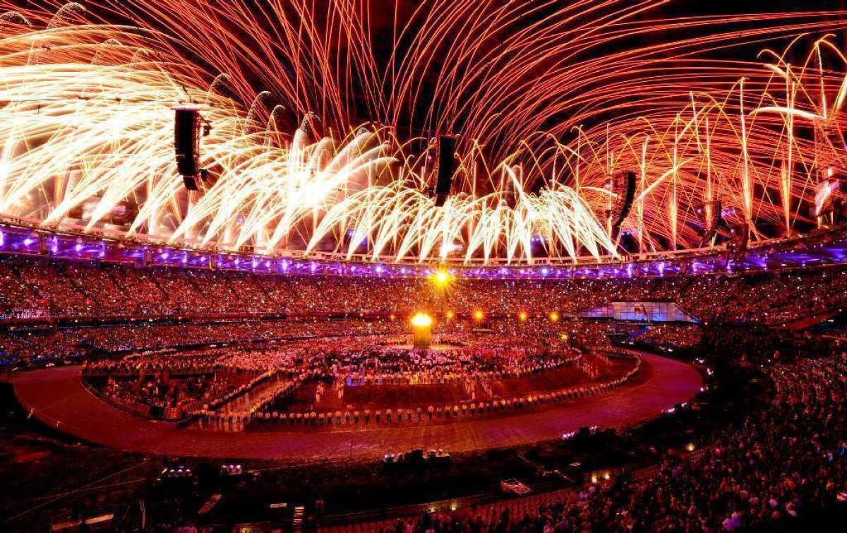 Fireworks light up Olympic Stadium during the opening ceremony of London 2012.