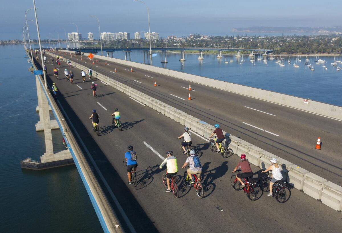 Cyclists ride over the San Diego-Coronado Bridge during a 2019 community ride.