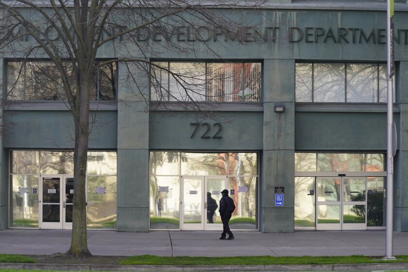 Offices of the California Economic Development Department are seen in Sacramento, Calif., Friday, Jan. 28, 2022. Former EDD director Ritz Saenz resigned Friday, after one year on the job. She will be replaced by Nancy Farias, who has been a deputy director at the department since 2020. (AP Photo/Rich Pedroncelli)