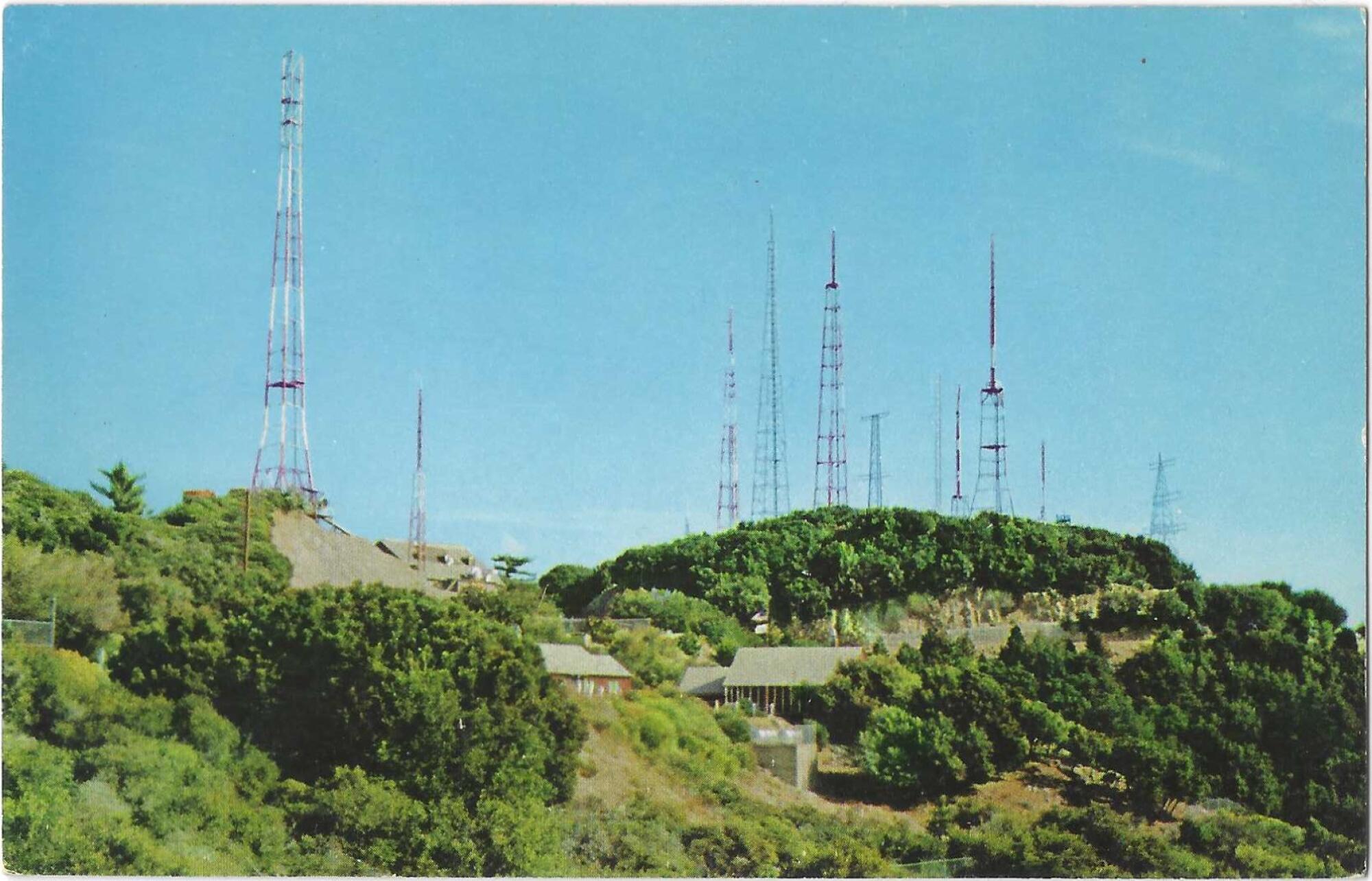 A postcard shows broadcast towers on Mt. Wilson.