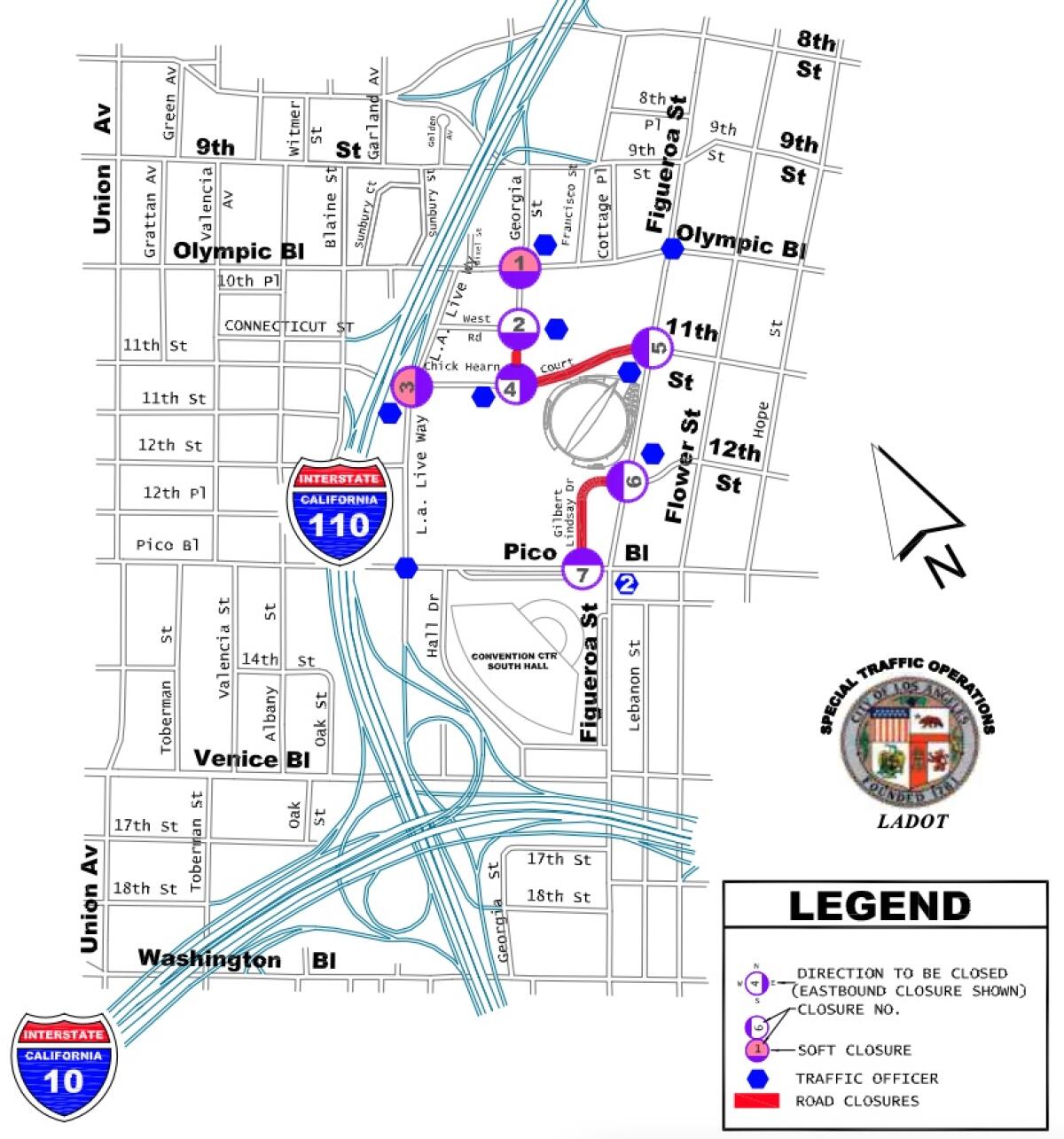 Map shows street closures in downtown L.A.