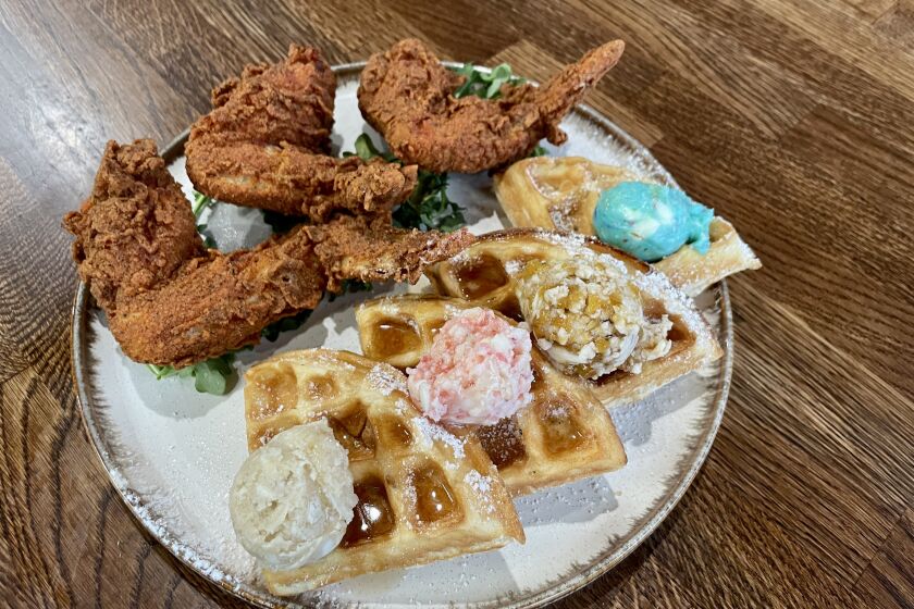 The fried chicken and waffles from The Court Cafe in Westchester.