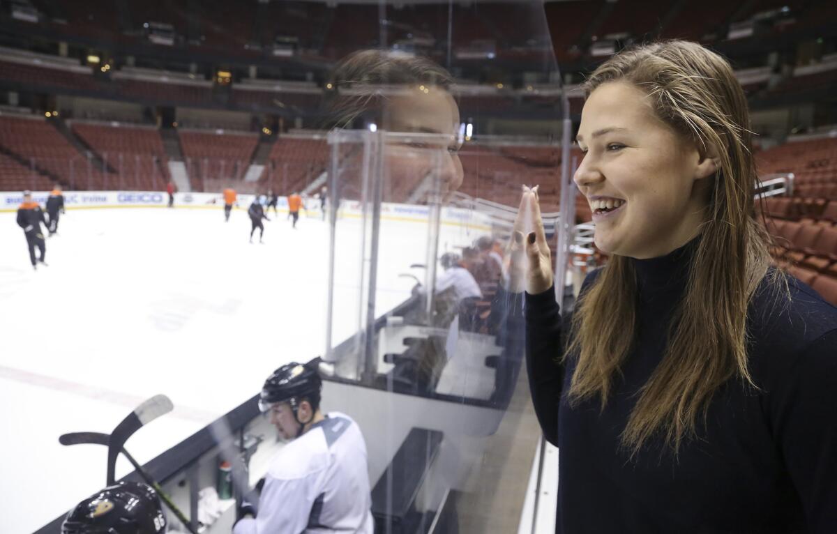 Malin Lindholm, a soccer player at Long Beach State, watches her brother during a recent practice with the Ducks.