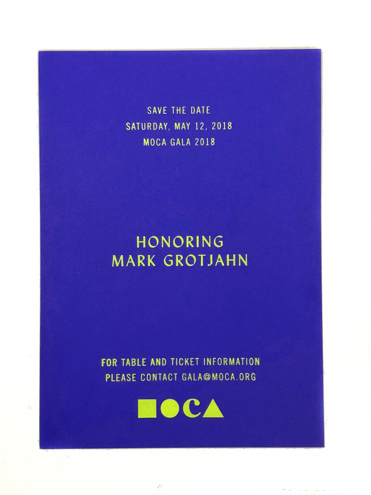 MOCA's "save the date" card.