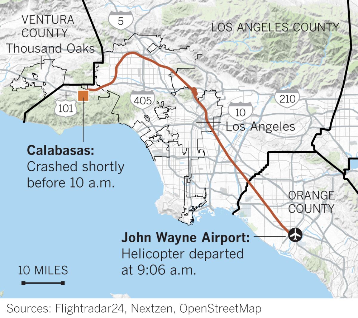 After taking off in Orange County, the helicopter flew northwest and then crashed shortly before 10 a.m. near Las Virgenes Road, south of the 101 Freeway, in Calabasas.