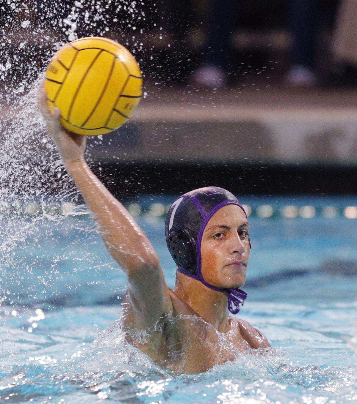 Deceptively, looking the other way, Hoover's Hakop Ansuryan shoots a rocket of a shot to score his first goal against Arcadia in the third quarter in a Pacific League boys' water polo final at Arcadia High School on Thursday, October 31, 2019. Hoover won the Pacific League title beating Arcadia 10-6.