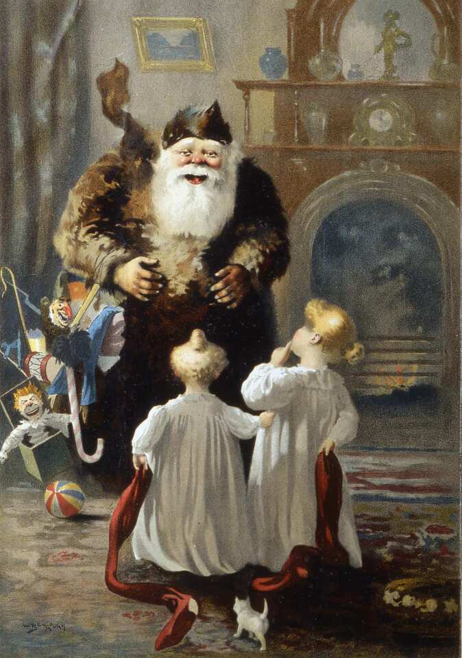 An illustration by W. Bengough shows Santa Claus (or Father Christmas) as he is caught by two young girls in the act of delivering toys, late 1800s.