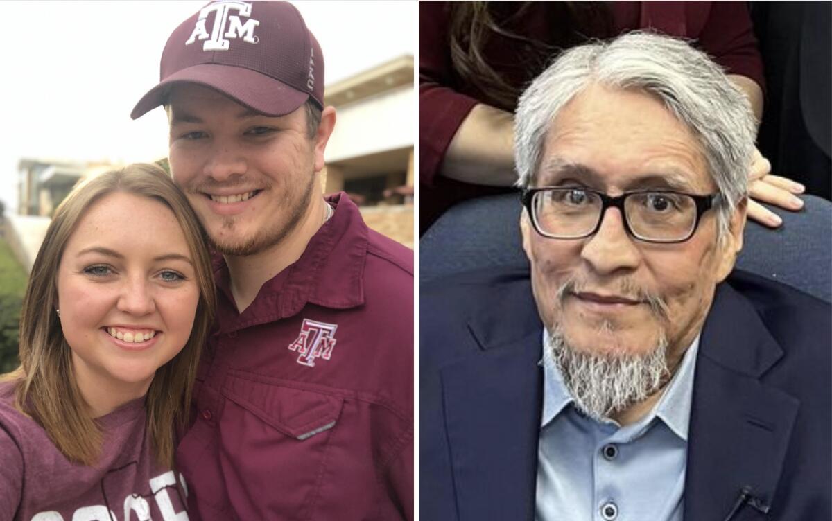 Two photos show a smiling young couple posing in maroon Texas A&M gear, left, and a gray-haired man in glasses and a beard
