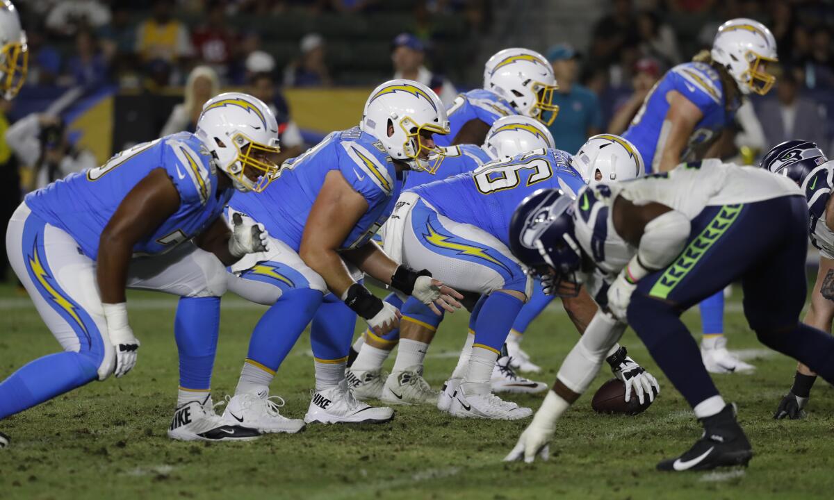 The Chargers' offensive line struggled on fourth downs during Saturday's preseason loss to the Seattle Seahawks.