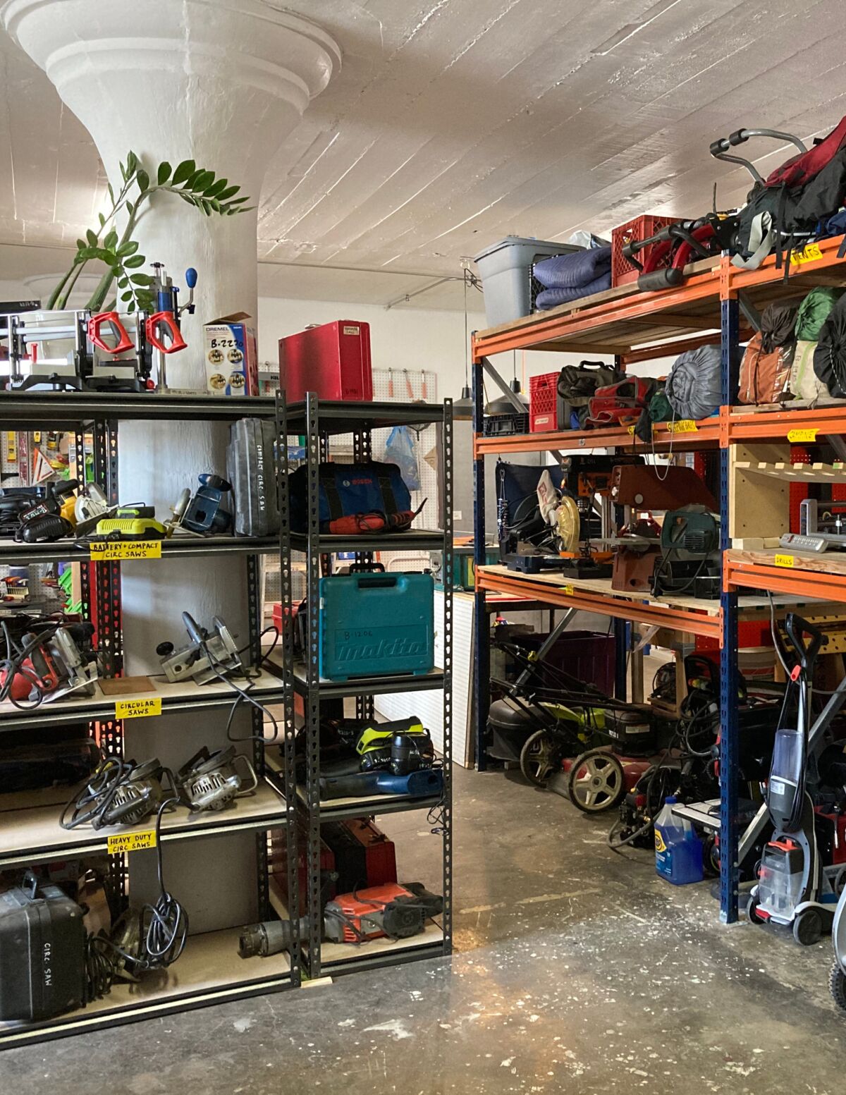 Shelves are full of items available for loan inside the Chicago Tool Library on Chicago's South Side.