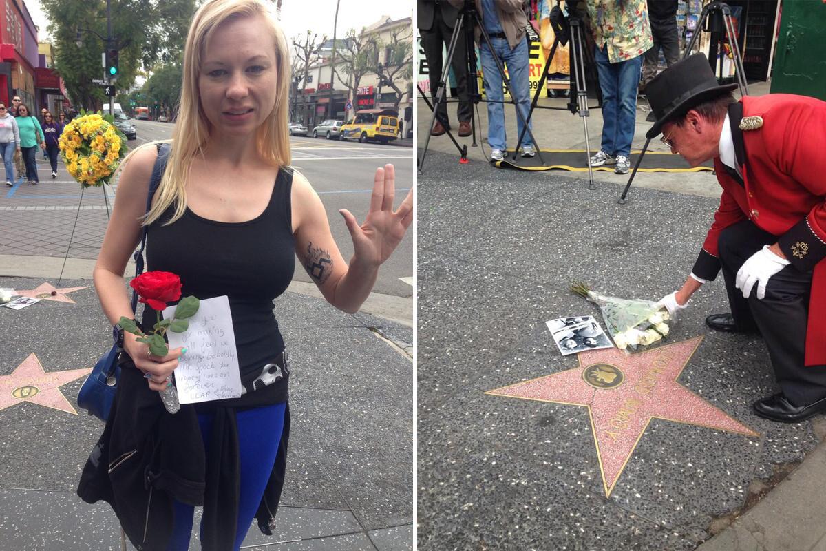 Left: Mary Czerwinski, 33 of Hollywood, wears blue and black in honor of "Star Trek" actor Leonard Nimoy's character Mr. Spock. Right: Gregg Donavon, 55, self-described ambassador of Hollywood, places white roses on Nimoy's star on the Walk of Fame.
