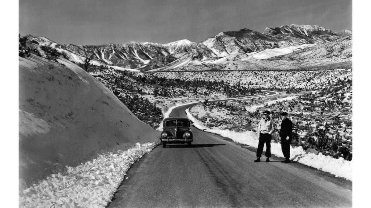 Image from 1939 of the road between Las Vegas, Nevada, and Mt. Charleston. The car is a 1939 Hudson Country Club sport sedan.