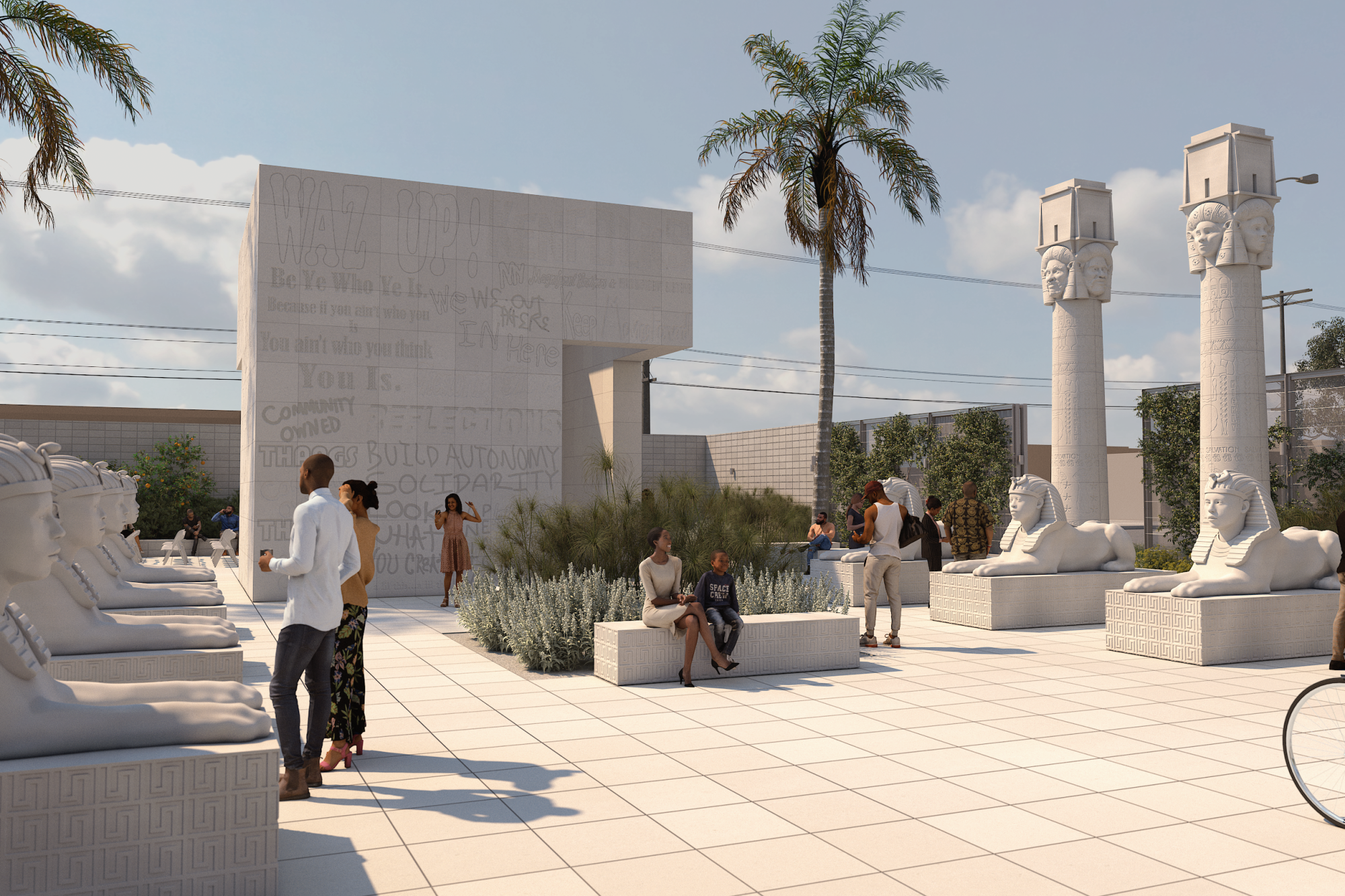 A rendering of Lauren Halsey's monumental sculpture park with sphinxes and columns.