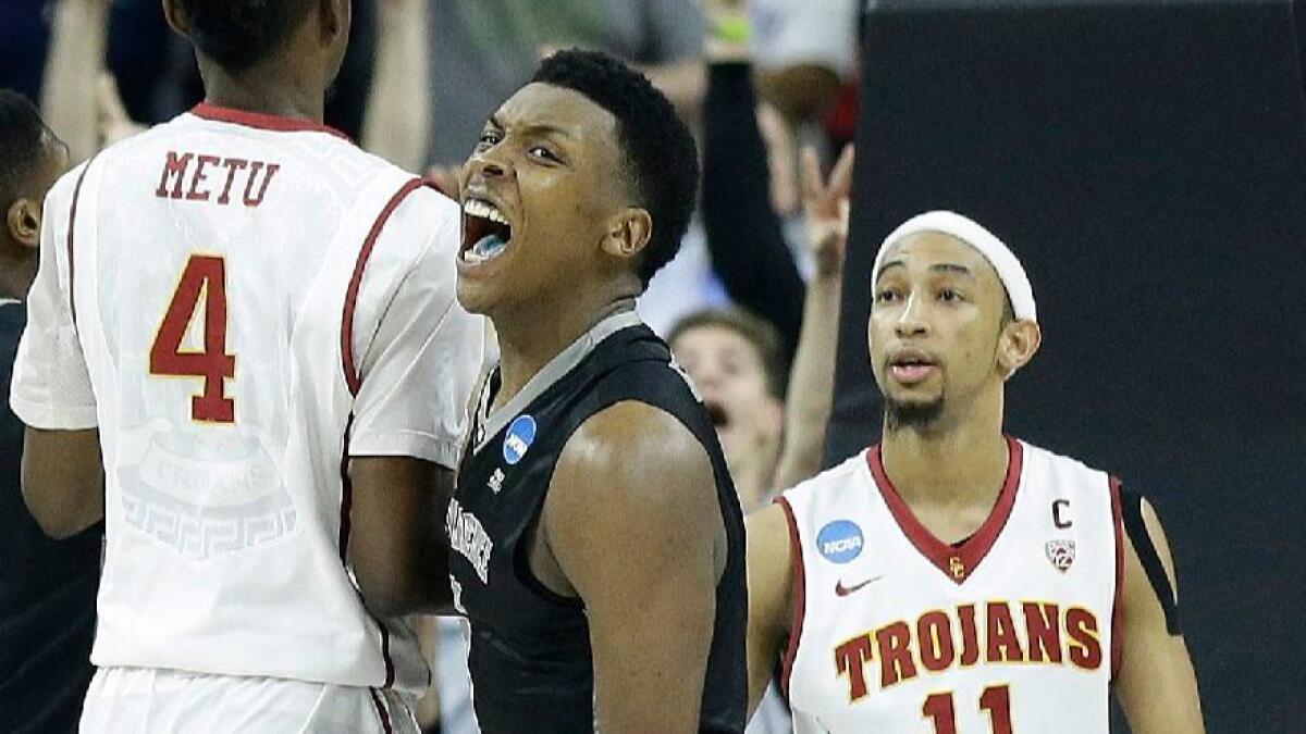 Providence forward Rodney Bullock reacts to making the game-winning basket against USC in the first round of the NCAA tournament last season.